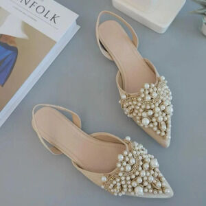 Faux Pearl & Rhinestone Decor Point Toe Slingback Flats size 37
